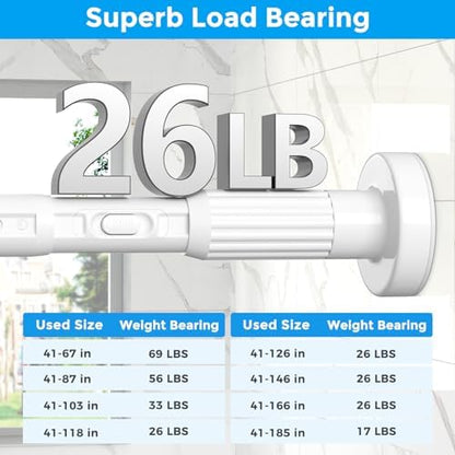 Extra Long Tension Curtain Rods 41-146 Inch, White, One-Click Heavy Duty | No Drilling Adjustable Outdoor Shower Tension Rod for Patio, Window, Living Room Divider, Bathroom, Non-Slip 1.26" Diameter