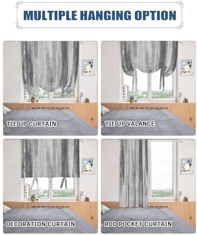 Tie Up Curtains for Windows, Gray Black Ombre Adjustable Balloon Nature Linen Textured Kitchen Curtain, Modern Abstract Art Oil Painting Decorative Tie Up Curtain for Window, 52" x 45"