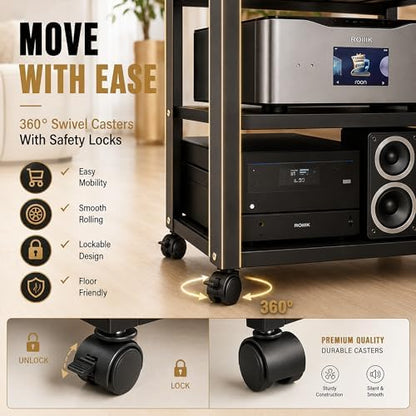 5 tier av media stand with wheels, 39in showing dimensions
