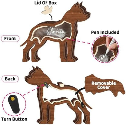 9" Pitbull Dog Hair Keepsake Box, Wooden Pet Urns for Dogs, DIY Pet Loss Sympathy Gifts, Unique Gift Dog Shape Standable Table Decor, Idea Gift for Pet Lover Storing Fur Teeth Ashes PS16-32L