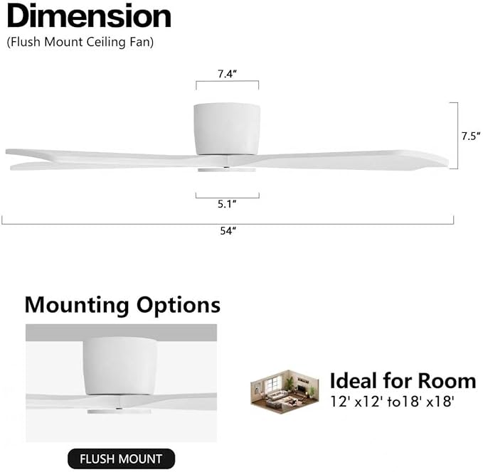 WINGBO 54" Flush Mount DC Ceiling Fans Without Lights, 5 Carved Solid Wood - Image 4