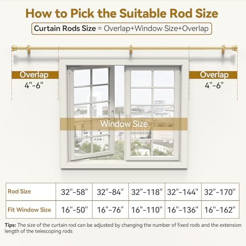 YaFex Curtain Rods 32-170 Inch, Heavy Duty 1 Inch Adjustable Curtain Rod for Windows, Gold Extra Long Window Treatment Rods, Modern Design, Easy Installation