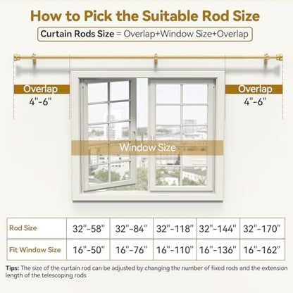 YaFex Curtain Rods 32-170 Inch, Heavy Duty 1 Inch Adjustable Curtain Rod for Windows, Gold Extra Long Window Treatment Rods, Modern Design, Easy Installation