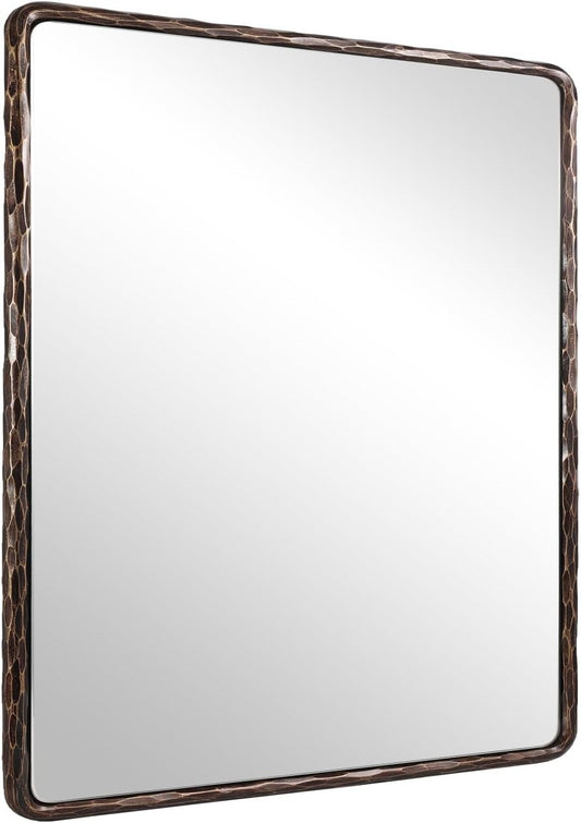 Hand-Forged Bronze Bathroom Mirror for Wall, 24x32 Inch Vintage Solid Steel Metal Frame Bathroom Vanity Mirror, Antique Rounded Rectangle Wall Mirror, Hangs Horizontally or Vertically