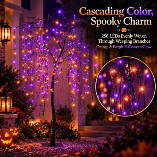 7 FT Halloween Lighted Willow Tree 256 LED Orange and Purple Lights Artificia...