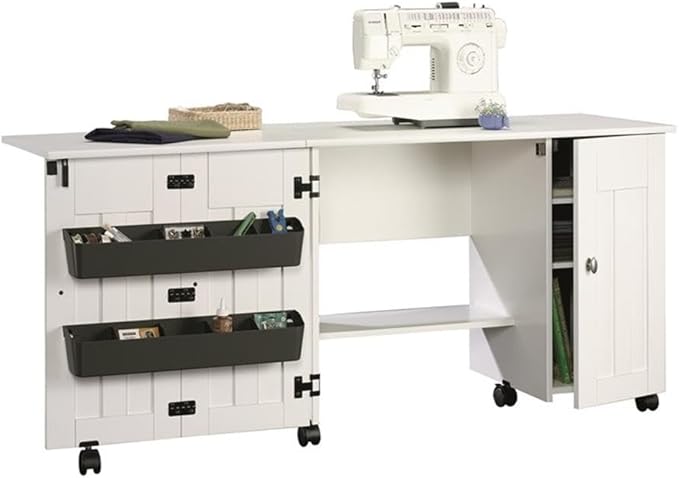 Sauder Folding SewingTable & Craft Cart Storage Cabinet, in Soft White - Image 7