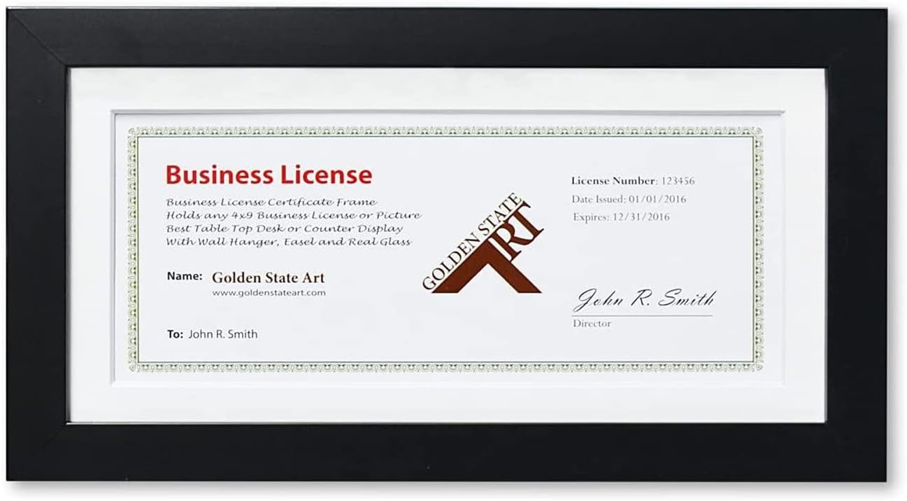 Golden State Art Business License Frame 5x10 matted 4x9, Black Wood | Real Glass & White Mat, Horizontal & Vertical For Tabletop Display, Fit Check, Certificate And Photos, Office Or Home Decor