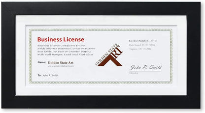 Golden State Art Business License Frame 5x10 matted 4x9, Black Wood | Real Glass & White Mat, Horizontal & Vertical For Tabletop Display, Fit Check, Certificate And Photos, Office Or Home Decor