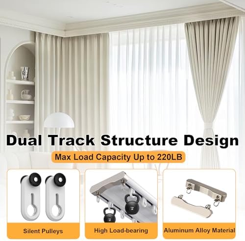 Double Curtain Track Ceiling Mount, Silent Aluminum Track Curtain Rail, Heavy-Duty Double Row Ceiling Curtain Tracks Rod Sliding Rails for Curtains, Room Divider for Living Room Bedroom (10FT)
