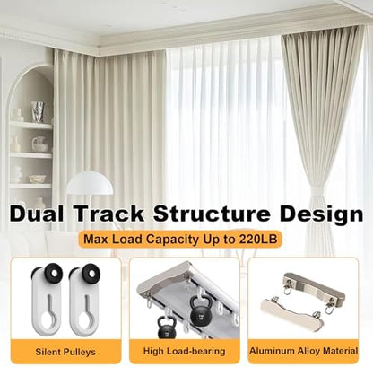 Double Curtain Track Ceiling Mount, Silent Aluminum Track Curtain Rail, Heavy-Duty Double Row Ceiling Curtain Tracks Rod Sliding Rails for Curtains, Room Divider for Living Room Bedroom (10FT)