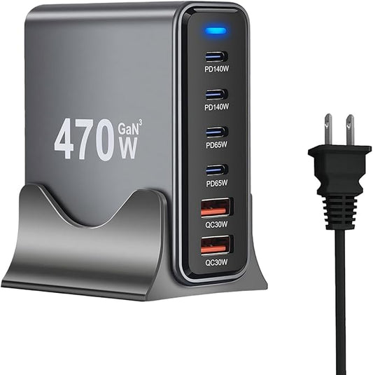470W USB C Fast Charger Block, 6 Ports GaN III USB Chagring Station, Dual 140W by COSCTOR