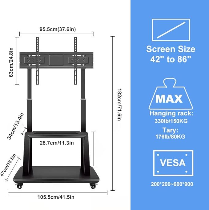 Hellsehen Mobile TV Cart, Rolling TVs Cart on Wheels Height Adjustable - Image 5