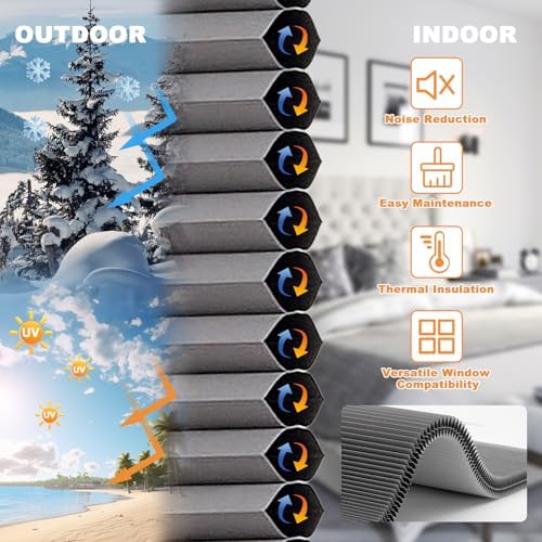 Persilux No Drill Blackout Cellular Shades for Windows,Grey,34.5" w x 64" h | Top Down Bottom Up Honeycomb No Tools Cordless Blinds,Easy to Install Cellular Blinds for Indoor Windows