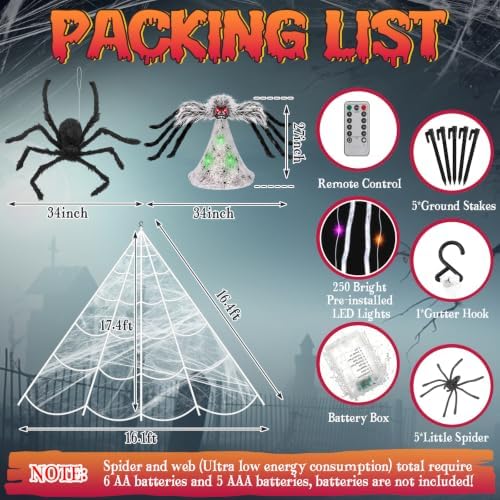 Halloween Spider Web Lights Decor+2 Animatronic 34'' Jumping Spider, ...