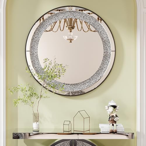 Mirrored Console Table & Round Wall Mirror Set, 45" Silver | O-Shaped Frame with Crushed Diamond Inlay, Full Mirrored Top, Weighted Anti-Tip Base, Easy-Clean, Sparkling Glam Decor Set