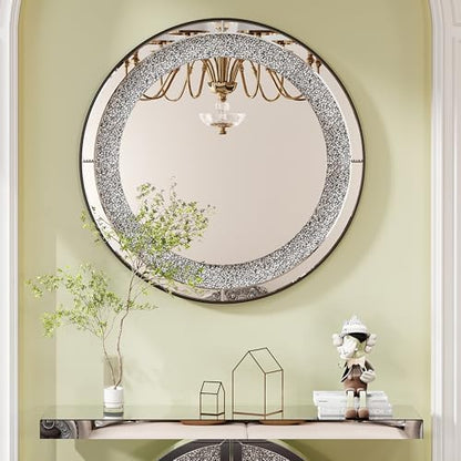 Mirrored Console Table & Round Wall Mirror Set, 45" Silver | O-Shaped Frame with Crushed Diamond Inlay, Full Mirrored Top, Weighted Anti-Tip Base, Easy-Clean, Sparkling Glam Decor Set