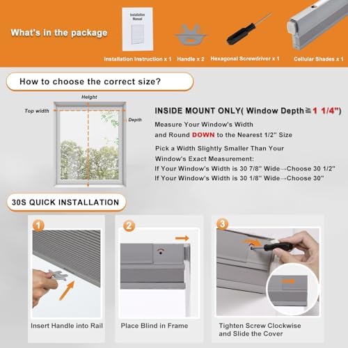Persilux No Drill Blackout Cellular Shades for Windows,Grey,34.5" w x 64" h | Top Down Bottom Up Honeycomb No Tools Cordless Blinds,Easy to Install Cellular Blinds for Indoor Windows