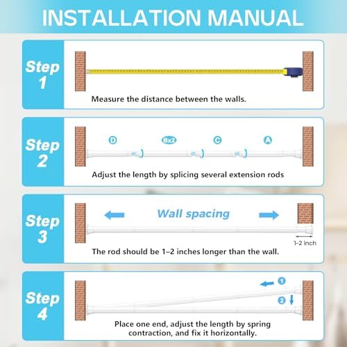 Spring Tension Curtain Rod 32-76 inch, White | Adjustable Expandable Tension Curtain Rod No Drilling, Tension rods for Window Doorway Kitchen Curtain