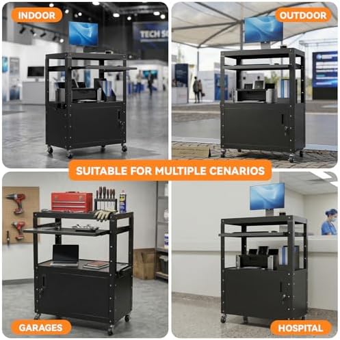 mobile av cart, adjustable height rolling computer cart, front angle view