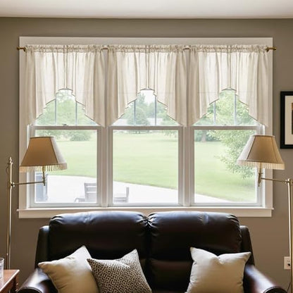 JINCHAN Swag Valance for Windows 36 Inch Length Farmhouse 2 Panels Beige | Linen kitchen valance, rod pocket, light filtering, country, small window treatment for bedroom living room