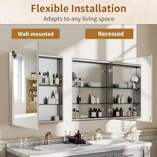 beautypeak 16" x 24" bathroom medicine cabinet mirror showing dimensions