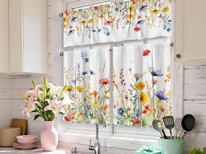 3 Piece Spring Kitchen Curtains and Valances Set for Window | Summer Floral Cafe Curtain 36 Inch Length Black & White Buffalo Plaid Kitchen Decor