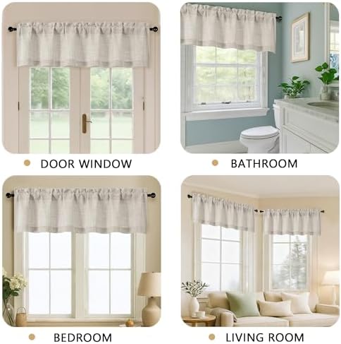 Valance for Windows, Light Filtering Faux Linen Textured Small Short Valance Kitchen Curtain, Dual Rod Pocket Top Short Window Curtain for Bathroom Basement Farmhouse, 60Wx14L Inch, Linen Color