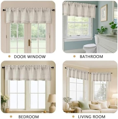 Valance for Windows, Light Filtering Faux Linen Textured Small Short Valance Kitchen Curtain, Dual Rod Pocket Top Short Window Curtain for Bathroom Basement Farmhouse, 60Wx14L Inch, Linen Color