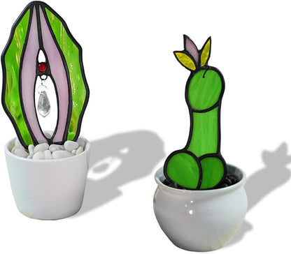 Cactus Decor Stained Glass Suncatcher,Cacti Decor Sun Catcher Indoor Window for Livingroom,Succulent Plant Ornament Cacti Suncatcher for Tabletop Windowsill Shelf(No Pot)