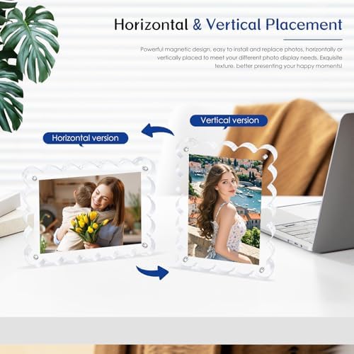 Scalloped Magnetic Picture Frame 4x6 Inch-2Pack Photo Frames | Clear frame,20mm Thick Double-Sided Magnet Design, Horizontal/Vertical Stand,Trendy Desktop Display for Home/Office Decor