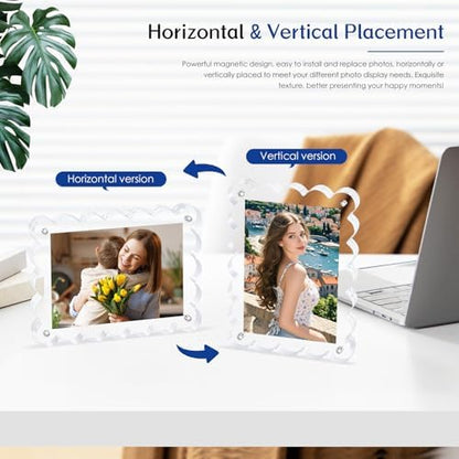 Scalloped Magnetic Picture Frame 4x6 Inch-2Pack Photo Frames | Clear frame,20mm Thick Double-Sided Magnet Design, Horizontal/Vertical Stand,Trendy Desktop Display for Home/Office Decor