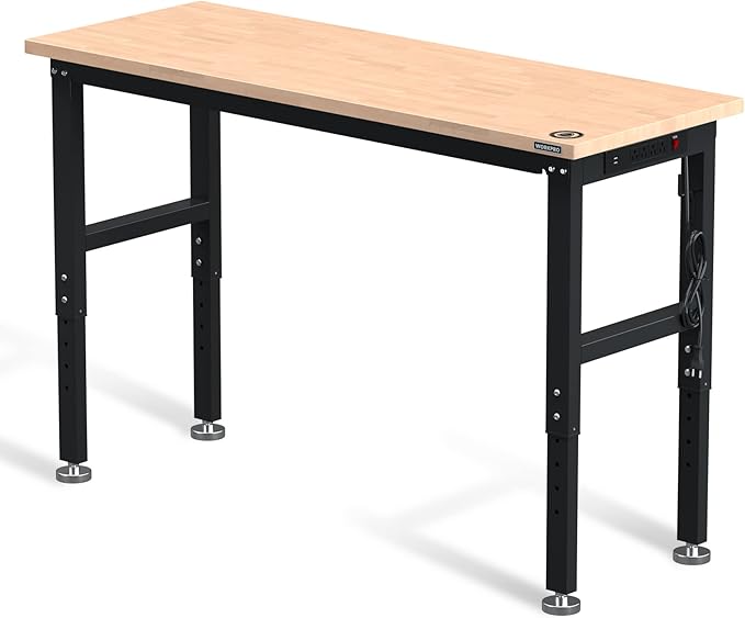WORKPRO 60" Adjustable Workbench, Rubber Wood Top Heavy-Duty Workstation by WORKPRO
