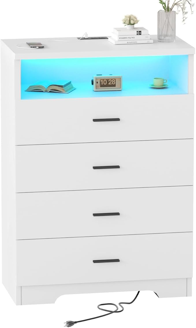 Dresser with Power Outlets and LED Lights Wooden 4 Drawer Dresser with Large by FJTJBSI