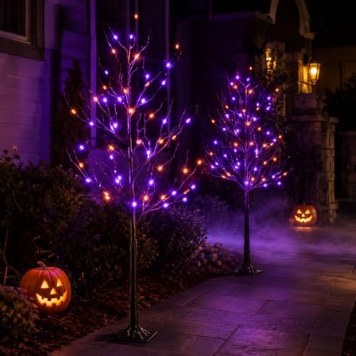 5FT LED Lighted Halloween Tree 2-Pack Orange and Purple Lights Décor