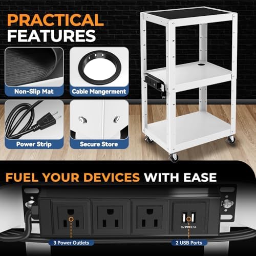 auto dynasty adjustable av cart w/power strip, 4, close-up detail