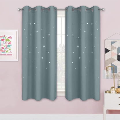 NICETOWN Nursery Blackout Curtains for Bedroom, 2 Panels, Stormy Sea, 42x63 | 63 inches Long Star Cut Out Kids Soundproof Thermal Insulated Cute Galaxy Grommet Curtains for Window