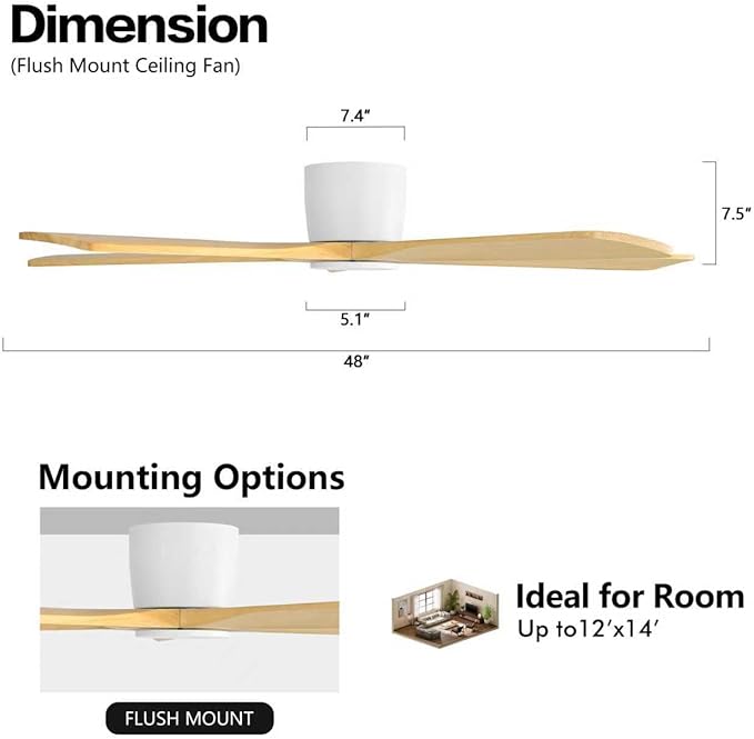 WINGBO 48" Flush Mount DC Ceiling Fans Without Lights, 5 Carved Solid Wood - Image 4