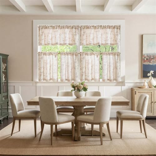 jinchan Floral Kitchen Curtains Set 24 Inch Length Farmhouse Linen Cafe Curtains and Valance Set for Living Room Bathroom Small Window Treatments Rod Pocket 3 Panels Taupe on Linen