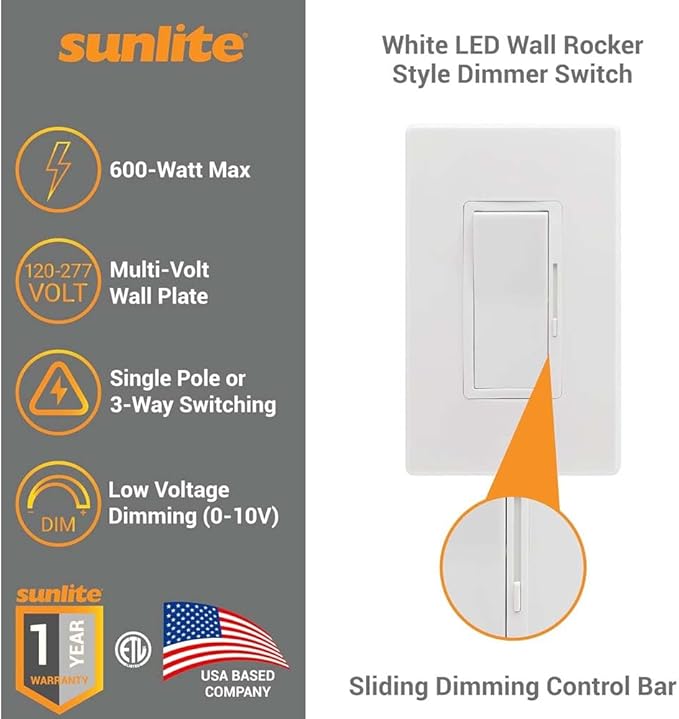 Sunlite LED Wall Rocker Style, Slide Bar Triac Dimmer Switch, Screwless Wall - Image 3