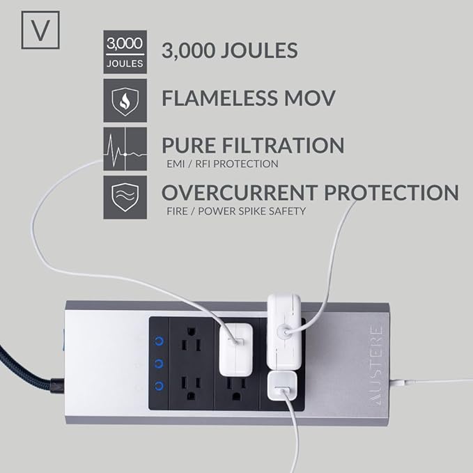 Austere V Series Surge Protector Power Strip, 6 Wide Outlet, 3 USB C & 2 USB A - Image 4