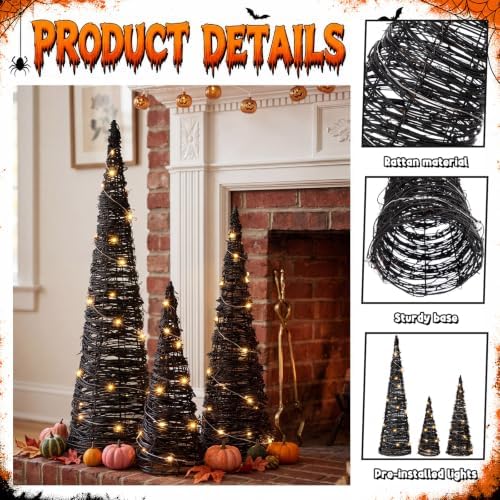 Jenaai 3 Lighted Halloween Rattan Trees 24" 16" 12", Cone Tree...