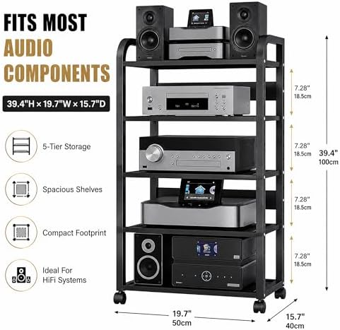 5 tier av media stand with wheels, 39in shown in use