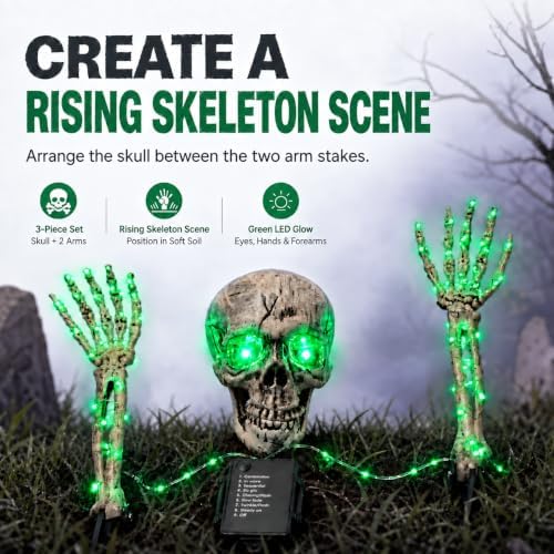Halloween Decoration Outdoor, 3-Piece Green LED Skeleton Stake Set