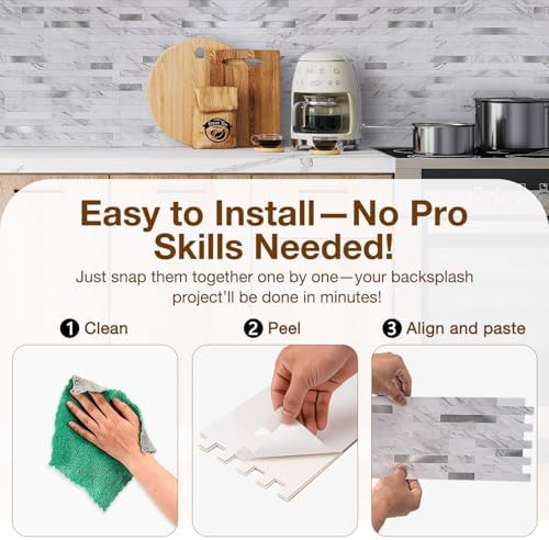 Peel and Stick Backsplash Tile Waterproof Removable PVC Wall Sticker 3D Faux Stone Marble Brick White Accent Panels (White Marble - Metal Silver, 20 Tiles - 9 sq. ft. (0.84 M²))