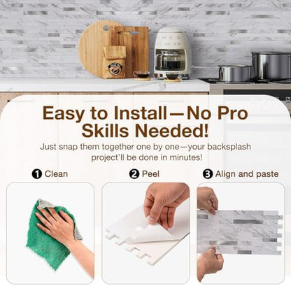 Peel and Stick Backsplash Tile Waterproof Removable PVC Wall Sticker 3D Faux Stone Marble Brick White Accent Panels (White Marble - Metal Silver, 20 Tiles - 9 sq. ft. (0.84 M²))