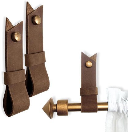 2 Pc Minimalist Design Leather Curtain Rod Bracket - Easy to Install Set of Universal Wall Hanging Strap Curtain Rod Holders with Screws and Plastic Wall Plugs - 4.8" x 1.2" (Brown)