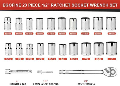 Egofine 1/2" Drive Socket Set, 23 Piece Standard SAE and Metric 6 Point - Image 2