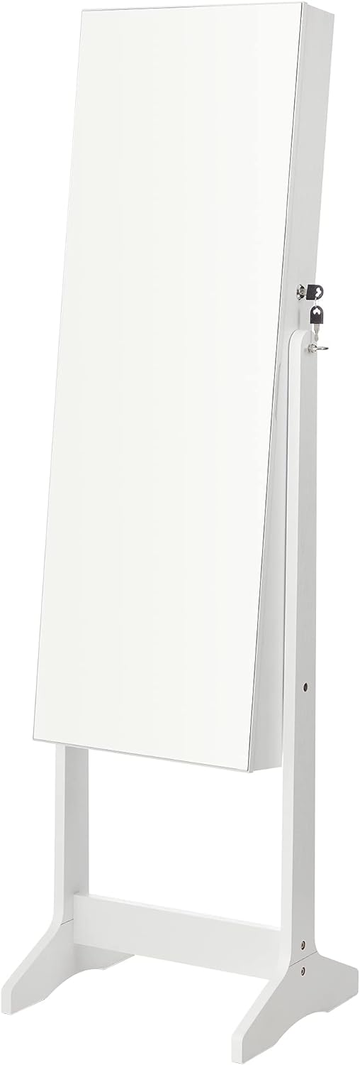 SONGMICS LED Jewelry Cabinet Standing, Lockable Armoire | Freestanding Storage Organizer with 2 Plastic Cosmetic Storage, Full-Length Mirror, for Necklace Earring, White UJJC002W01