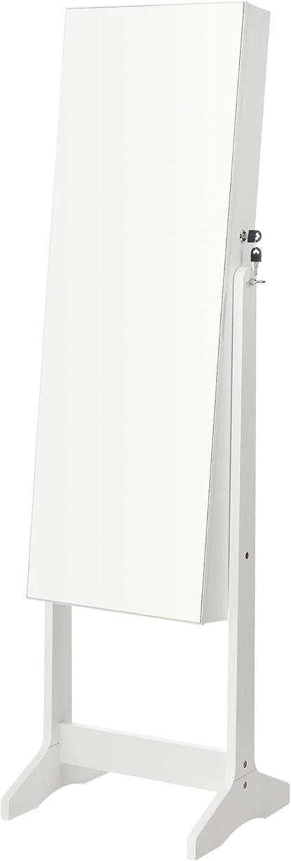 SONGMICS LED Jewelry Cabinet Standing, Lockable Armoire | Freestanding Storage Organizer with 2 Plastic Cosmetic Storage, Full-Length Mirror, for Necklace Earring, White UJJC002W01