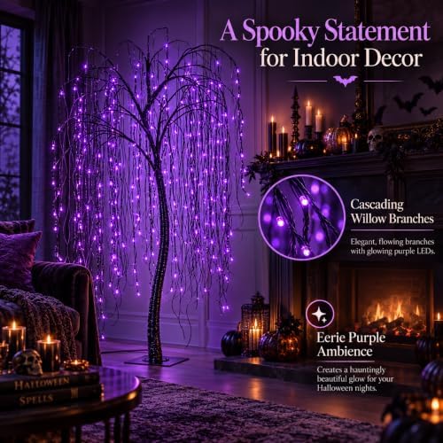 7 FT Halloween Lighted Willow Tree 256 LED Purple Lights Artificial Weeping W...